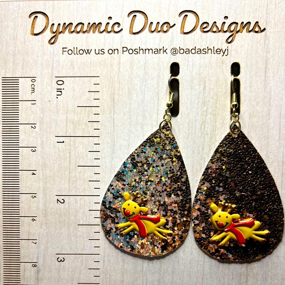 Hand Crafted Jewelry - Christmas Gold glitter faux leather Reindeer earrings